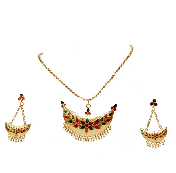 Assamese_Traditional_Gold_Plated_Red_Green_Colour_Joonbiri_Chain_Jewellery_Set_For_Women
